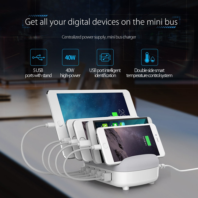 Station de chargement 5x USB intelligent pour téléphones et tablettes 40W (Blanc)