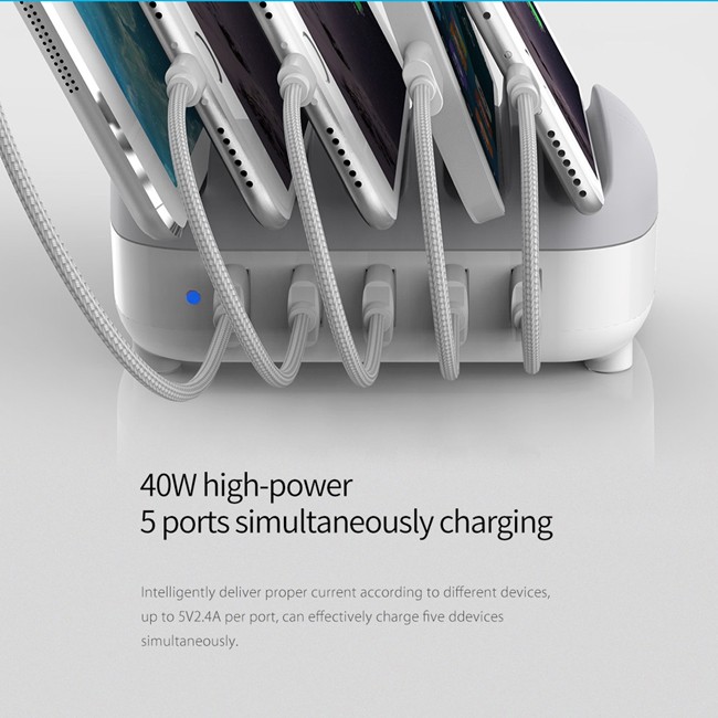 5x Smart USB Charging Station for Phones and Tablets 40W (Black)