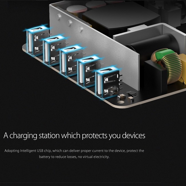 5x Smart USB Charging Station for Phones and Tablets 40W (Black)