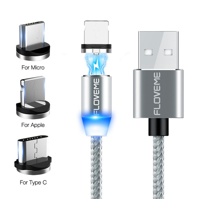 Câble Lightning + Type-C + Micro USB pour iPhone, Samsung, Huawei, Xiaomi... 1m 2A (Argent) à 12,50 €
