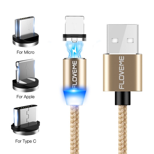 Lightning + Type-C + Micro USB Cable for iPhone, Samsung, Huawei, Xiaomi... 1m 2A (Gold) at 12,50 €