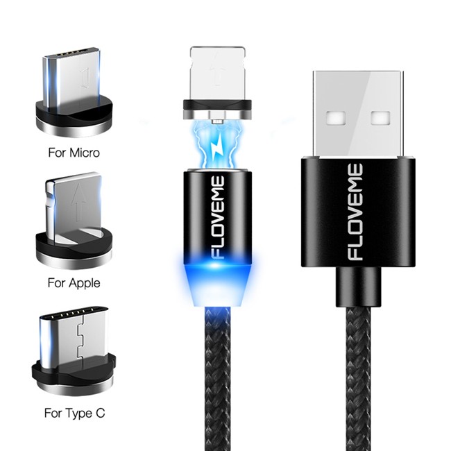 Lightning + Type-C + Micro USB Cable for iPhone, Samsung, Huawei, Xiaomi... 1m 2A (Black) at 12,50 €