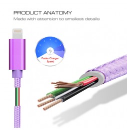 Lightning naar USB kabel voor iPhone, iPad, AirPods geweven metaal 2m 3A (Paars) voor 11,95 €