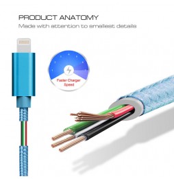 Câble Lightning vers USB pour iPhone, iPad, AirPods métal tissé 2m 3A (Bleu) à 11,95 €