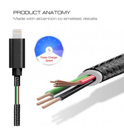 Lightning naar USB kabel voor iPhone, iPad, AirPods geweven metaal 2m 3A (Zwart) voor 11,95 €