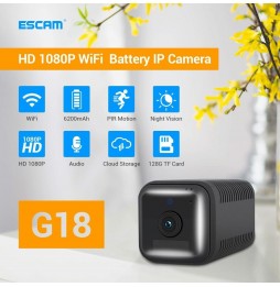 WiFi IP Camera with Full HD Rechargeable ESCAM G18 1080P Battery, Night Vision, PIR Motion Detection, TF Card, Two-Way Audio ...