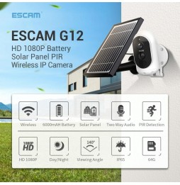 Caméra extérieur IP WIFI panneau solaire ESCAM G12 1080P Full HD avec batterie, alarme PIR, vision nocturne, carte TF, audio ...