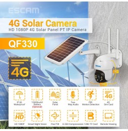 ESCAM QF330 HD 1080P 4G Zonnepaneel WIFI PT IP-camera met batterij, nachtzicht, TF-kaartlezer, bewegingsdetectie, tweerichtin...