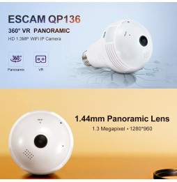 Ampoule caméra IP WIFI ESCAM QP136 1.3MP avec vision panoramique 360 degrés, message d'alarme, enregistrement d'alarme, captu...