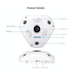 Caméra IP WiFi ESCAM Shark QP180 960P 360 degrés 1.3MP avec détection de mouvement, vision nocturne, distance IR: 10m à 53,92 €