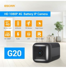 Caméra IP WiFi avec batterie rechargeable ESCAM G20 4G 1080P Full HD avec vision nocturne, Détection de Mouvement PIR, Carte ...