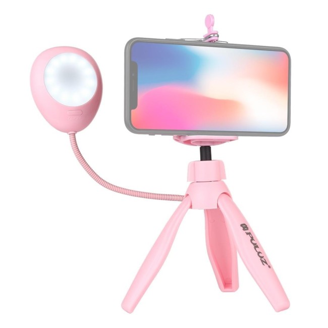 PULUZ Mini Pocket Desktop Statiefbevestiging + Telefoonklemhouder + Live Broadcast LED-lampje met 1/4 inch schroef (roze) voo...