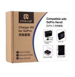 PULUZ 4 en 1 AHDBT-501 3.85V 1220mAh + chargeur de batterie 3 canaux AHDBT-501 + sac de rangement en filet + kits de boîte de...