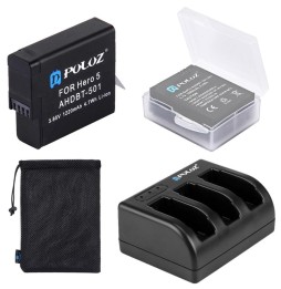 PULUZ 4 en 1 AHDBT-501 3.85V 1220mAh + chargeur de batterie 3 canaux AHDBT-501 + sac de rangement en filet + kits de boîte de...