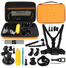 PULUZ 20 in 1 Accessories Combo Kits with Orange EVA Case (Chest Strap + Head Strap + Suction Cup Mount + 3-Way Pivot Arm + J...