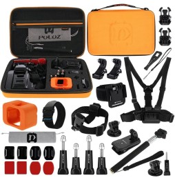 PULUZ 29 in 1 Accessories Combo Kits with Orange EVA Case (Chest Strap + Head Strap + Wrist Strap + Floating Cover + Surface ...