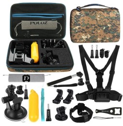 PULUZ 20 in 1 Accessories Combo Kit with Camouflage EVA Case (Chest Strap + Head Strap + Suction Cup Mount + 3-Way Pivot Arm ...