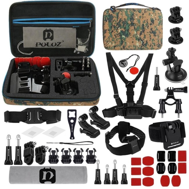 PULUZ 45 in 1 Accessories Ultimate Combo Kits with Camouflage EVA Case (Chest Strap + Suction Cup Mount + 3-Way Pivot Arms + ...