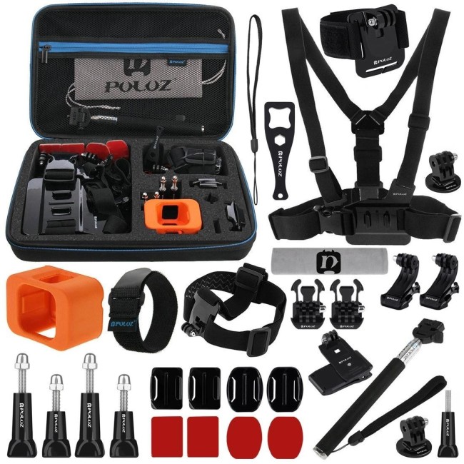 PULUZ 29 in 1 Accessories Combo Kits with EVA Case (Chest Strap + Head Strap + Wrist Strap + Floating Cover + Surface Mounts ...