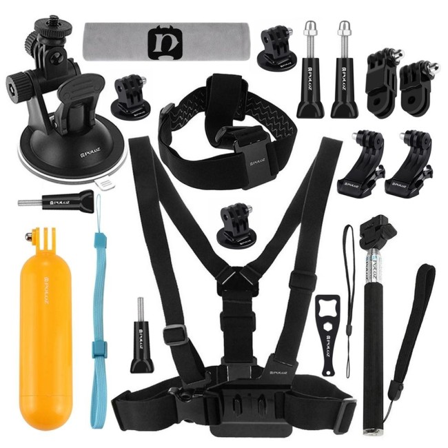 PULUZ 20 in 1 Accessories Combo Kits (Chest Strap + Head Strap + Suction Cup Mount + 3-Way Pivot Arm + J-Hook Buckles + Exten...