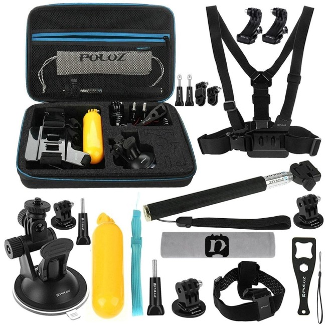 PULUZ 20 in 1 Accessories Combo Kits with EVA Case (Chest Strap + Head Strap + Suction Cup Mount + 3-Way Pivot Arm + J-Hook B...