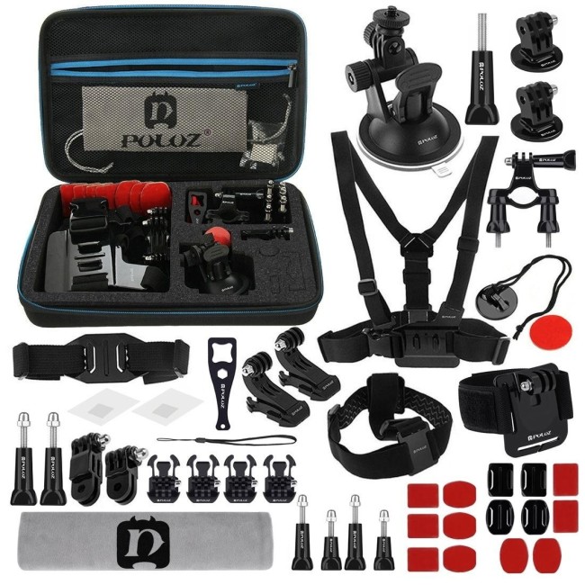 PULUZ 45 in 1 Accessories Ultimate Combo Kits with EVA Case (Chest Strap + Suction Cup Mount + 3-Way Pivot Arms + J-Hook Buck...