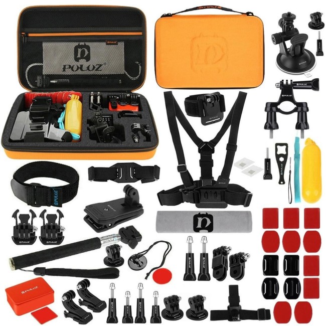 PULUZ 53 in 1 Accessories Total Ultimate Combo Kits with Orange EVA Case (Chest Strap + Suction Cup Mount + 3-Way Pivot Arms ...