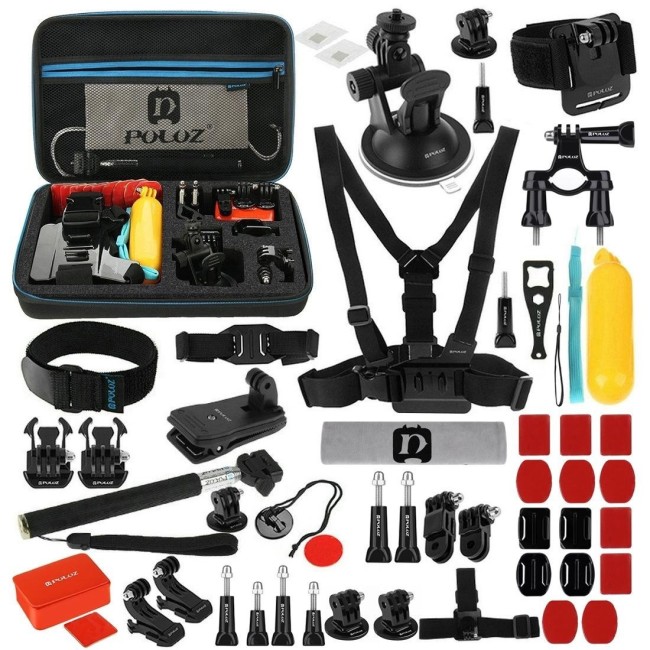 PULUZ 53 in 1 Accessories Total Ultimate Combo Kits with EVA Case (Chest Strap + Suction Cup Mount + 3-Way Pivot Arms + J-Hoo...