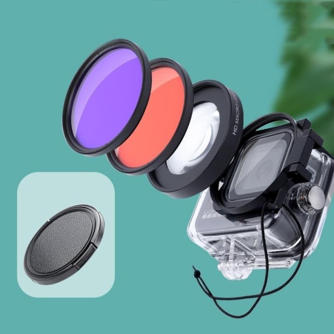RUIGPRO pour GoPro HERO8 58mm 16X objectif Macro + filtre d'objectif de plongée rouge / violet + boîtier de plongée Kits de b...