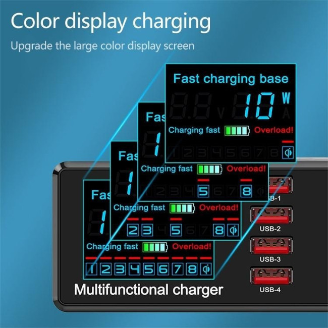Lade / Test Station 6x USB + USB QC 3.0 + PD Type-C 65W + Kabelloses Ladegerät mit LED Display