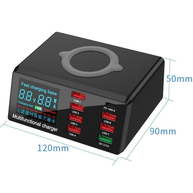 Lade / Test Station 6x USB + USB QC 3.0 + PD Type-C 65W + Kabelloses Ladegerät mit LED Display