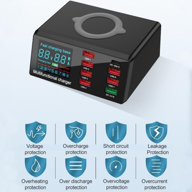 Lade / Test Station 6x USB + USB QC 3.0 + PD Type-C 65W + Kabelloses Ladegerät mit LED Display