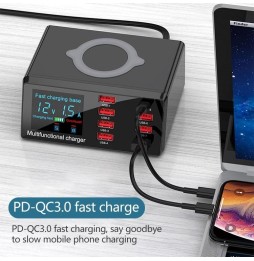 Oplaad / test station 6x USB + USB QC 3.0 + PD Type-C 65W + Draadloos Opladen met LED Scherm voor 57,95 €