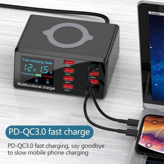 Lade / Test Station 6x USB + USB QC 3.0 + PD Type-C 65W + Kabelloses Ladegerät mit LED Display