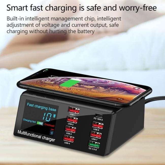 Lade / Test Station 6x USB + USB QC 3.0 + PD Type-C 65W + Kabelloses Ladegerät mit LED Display