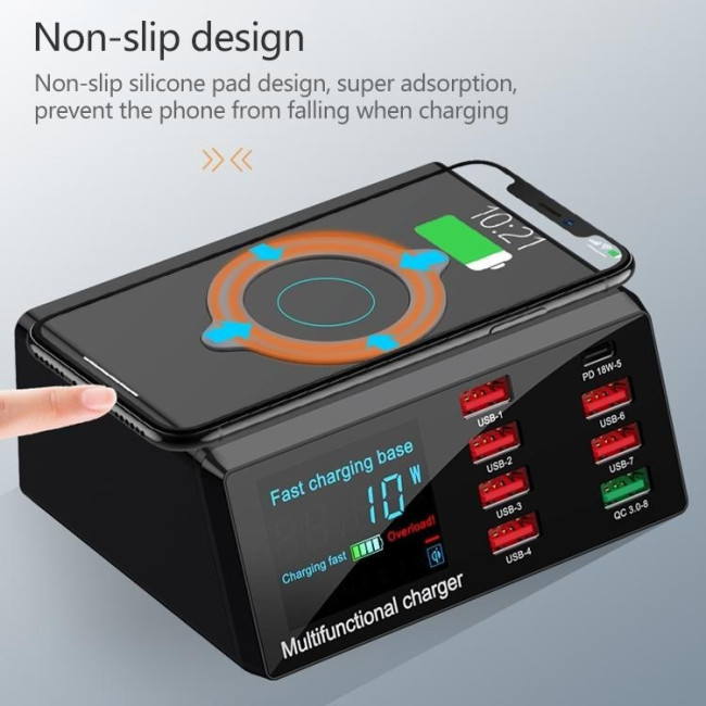 Lade / Test Station 6x USB + USB QC 3.0 + PD Type-C 65W + Kabelloses Ladegerät mit LED Display