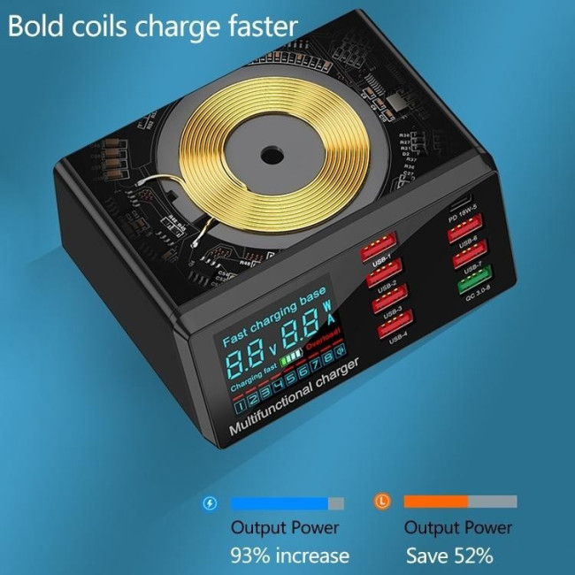 Lade / Test Station 6x USB + USB QC 3.0 + PD Type-C 65W + Kabelloses Ladegerät mit LED Display