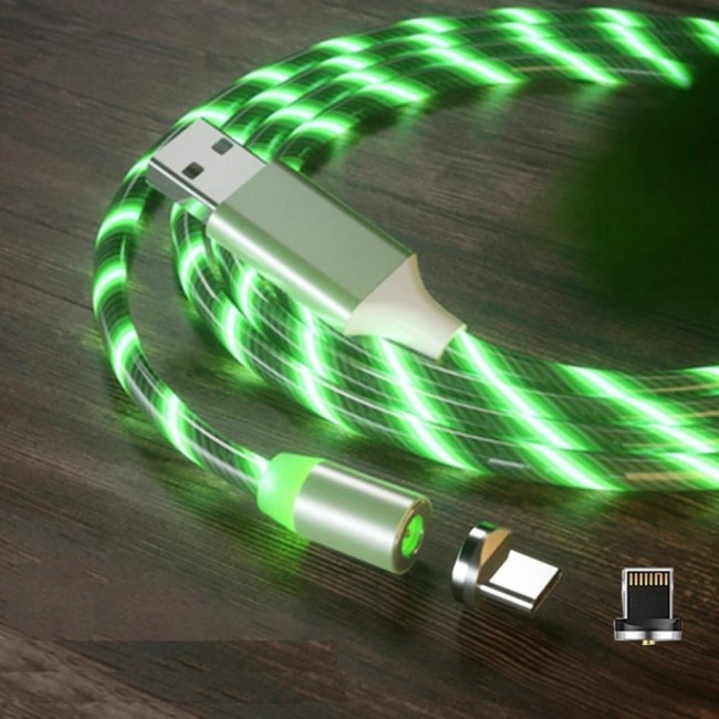 Câble Magnétique Lumineux Lightning + Type-C pour iPhone, Samsung, Huawei, Xiaomi... 1m (Green) à 17,95 €