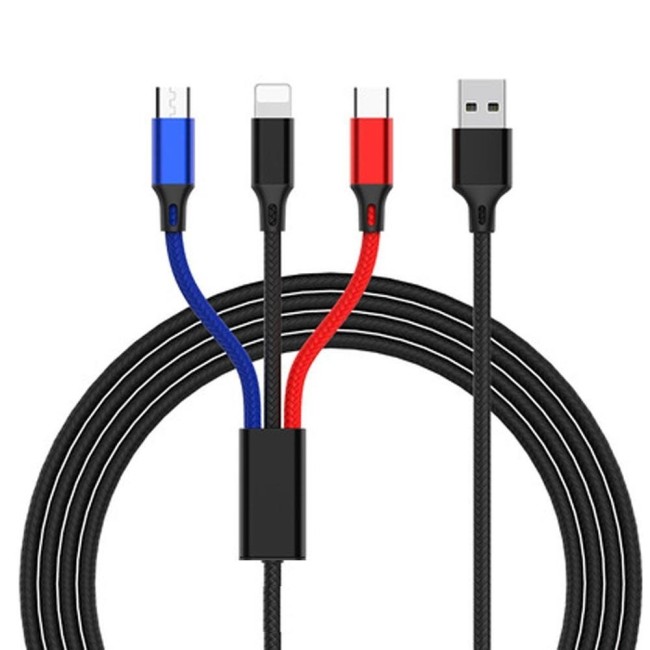 3 in 1 USB to 8 Pin + Type-C / USB-C + Micro USB Color Braided Charging Cable, Cable Length: 1.2m voor 16,50 €