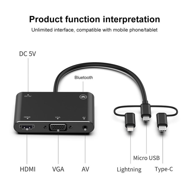 Bluetooth + HDMI + VGA + AV auf Lightning / USB-C / Typ-C / Micro-USB Adapter